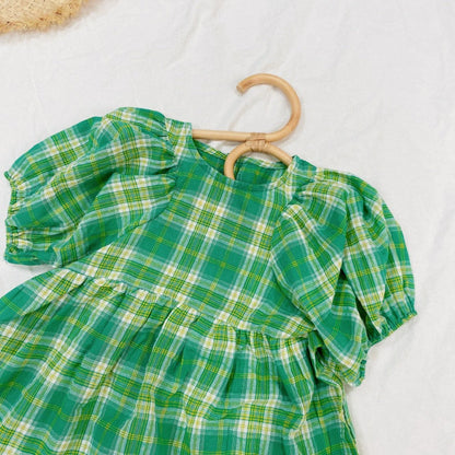 Baby Girls Plaid Pattern Pull-Sleeved Design O-Neck Long Dress In