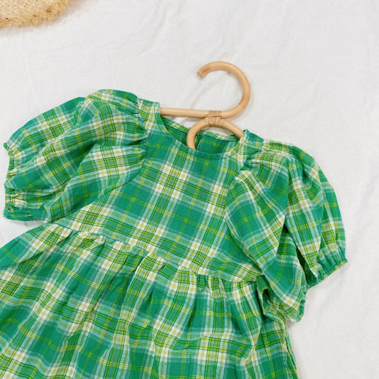 Baby Girls Plaid Pattern Pull-Sleeved Design O-Neck Long Dress In