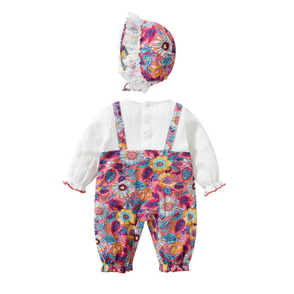 Baby Girl Floral Pattern Bow Decoration O-Neck Long Sleeves Strap