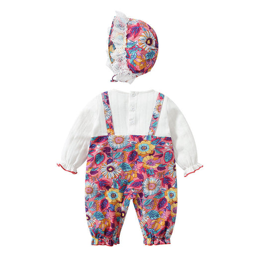 Baby Girl Floral Pattern Bow Decoration O-Neck Long Sleeves Strap