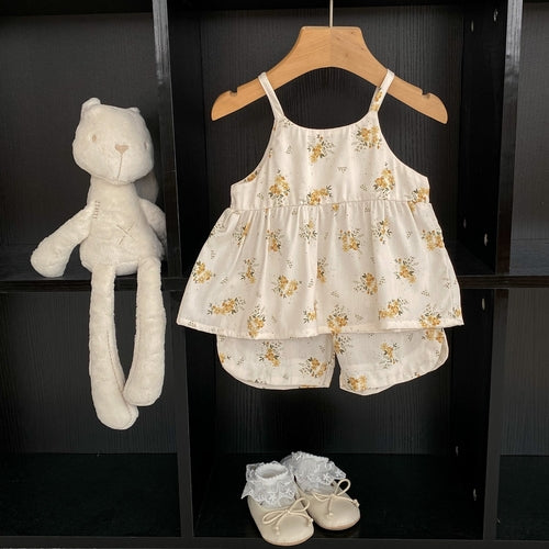 Baby Girl Flower Pattern Sling Tops With Shorts Sets