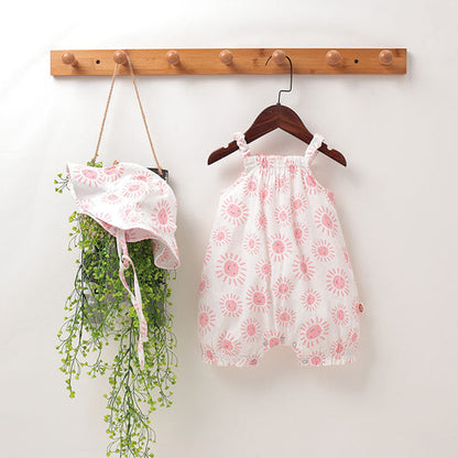 Baby Girls Floral Pattern Sleeveless Summer Rompers With Hat In Summer