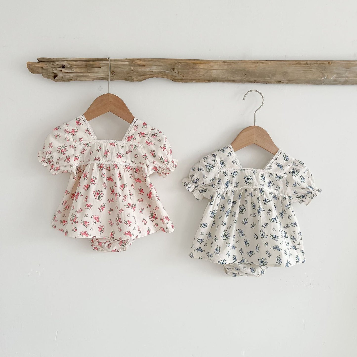 Baby Girl Floral Print Squared Collar Short Sleeved Dress Combo Short