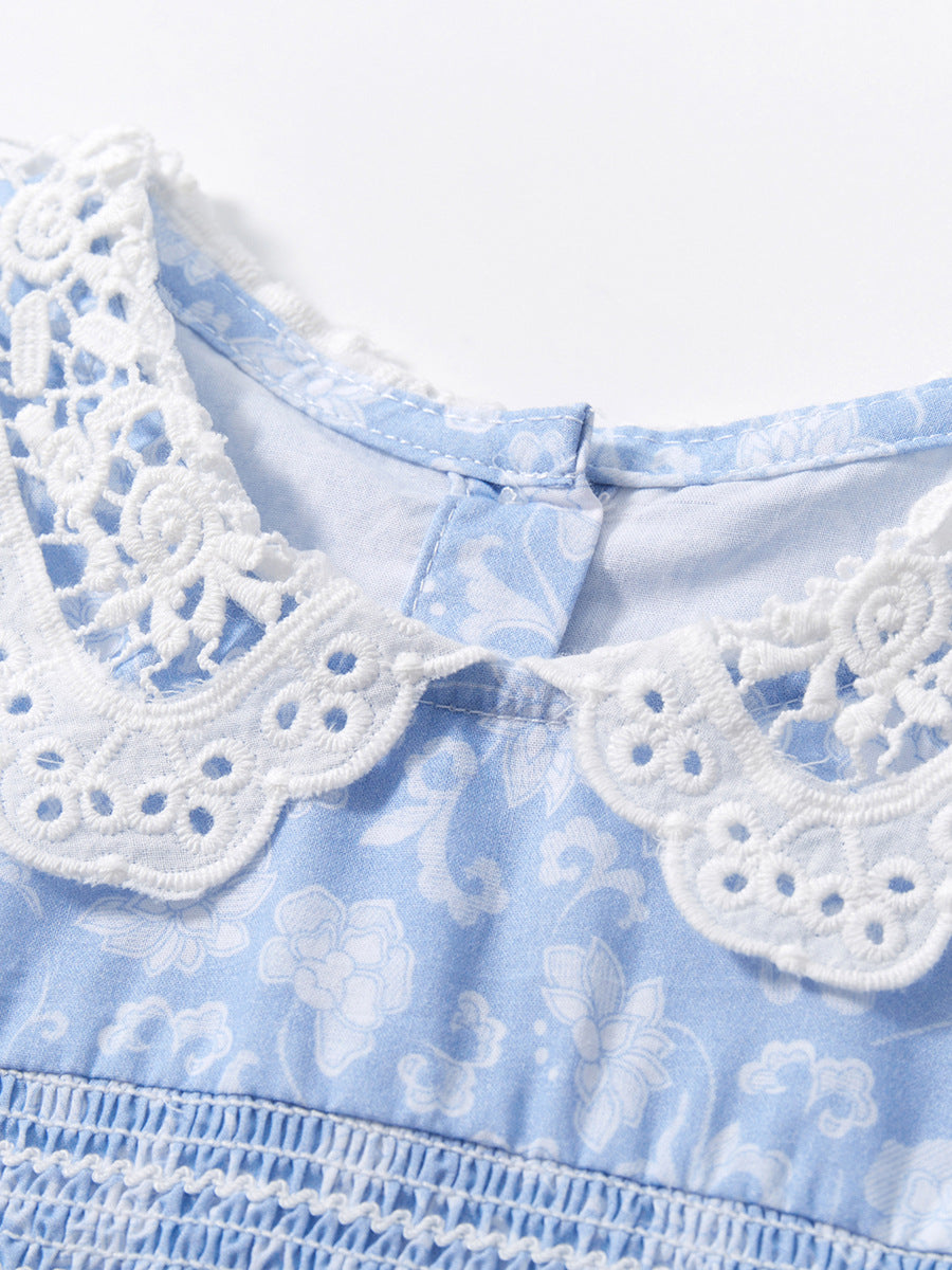Baby Kids Girls Lace Collar Floral Design Short Sleeves Dress
