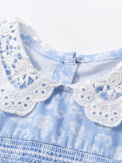 Baby Kids Girls Lace Collar Floral Design Short Sleeves Dress