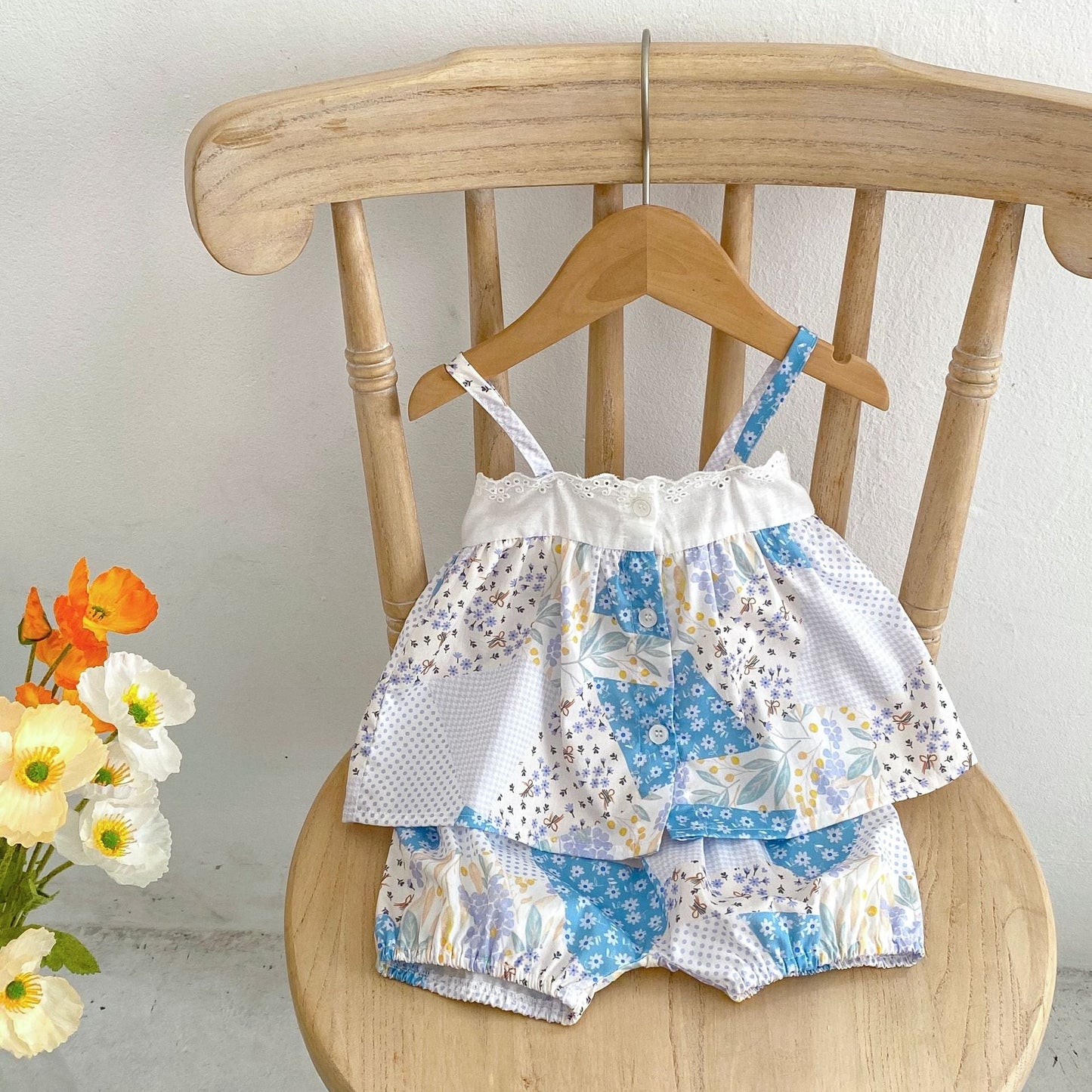 Baby Floral Pattern Patchwork Sling Tops With Shorts Sets