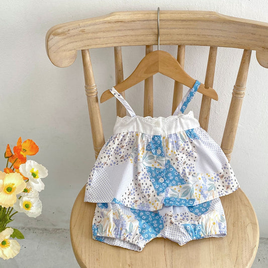 Baby Floral Pattern Patchwork Sling Tops With Shorts Sets
