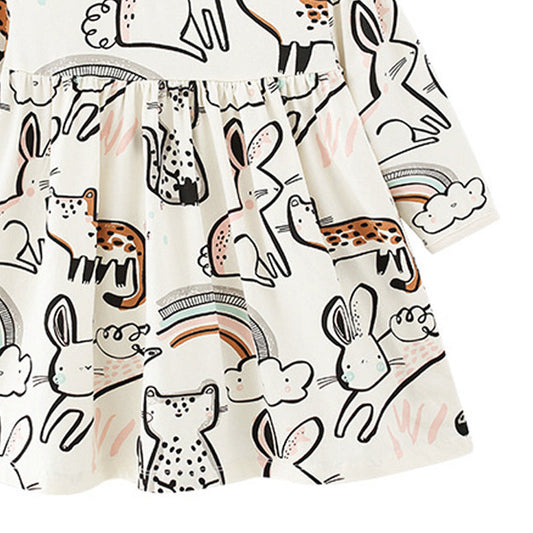 Baby Girl Cartoon Animal Pattern A-Line Design Loose Cotton Dress