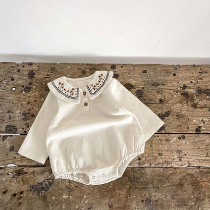 Baby Girl Embroidered Collar Long-Sleeved Corduroy Onesie