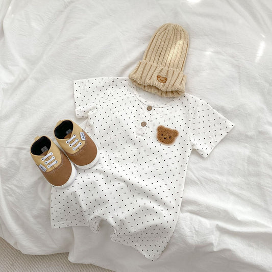 Baby Bear Pattern Dot Graphic Crewneck Rompers In Summer