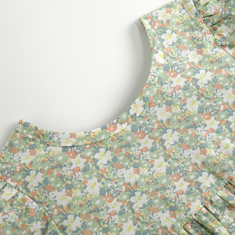 Baby Girls Floral Print Pattern Round Collar Puff Sleeves Onesies In