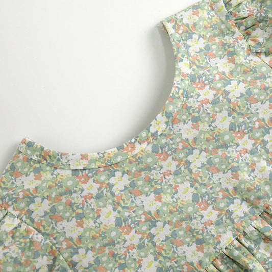 Baby Girls Floral Print Pattern Round Collar Puff Sleeves Onesies In
