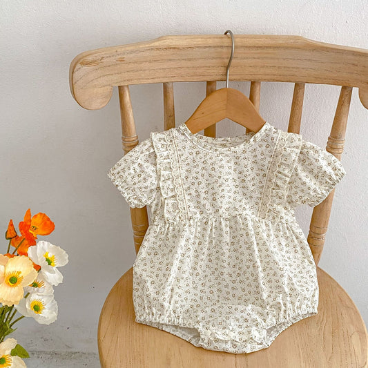 Baby Girl White Ditsy Flower Pattern Round Neck Onesies