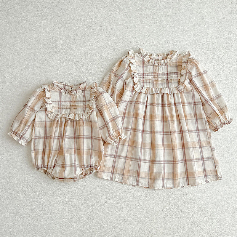 Western Style Plaid Pattern Sisterly Onesie & Dress