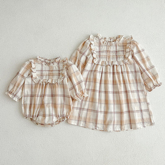 Western Style Plaid Pattern Sisterly Onesie & Dress