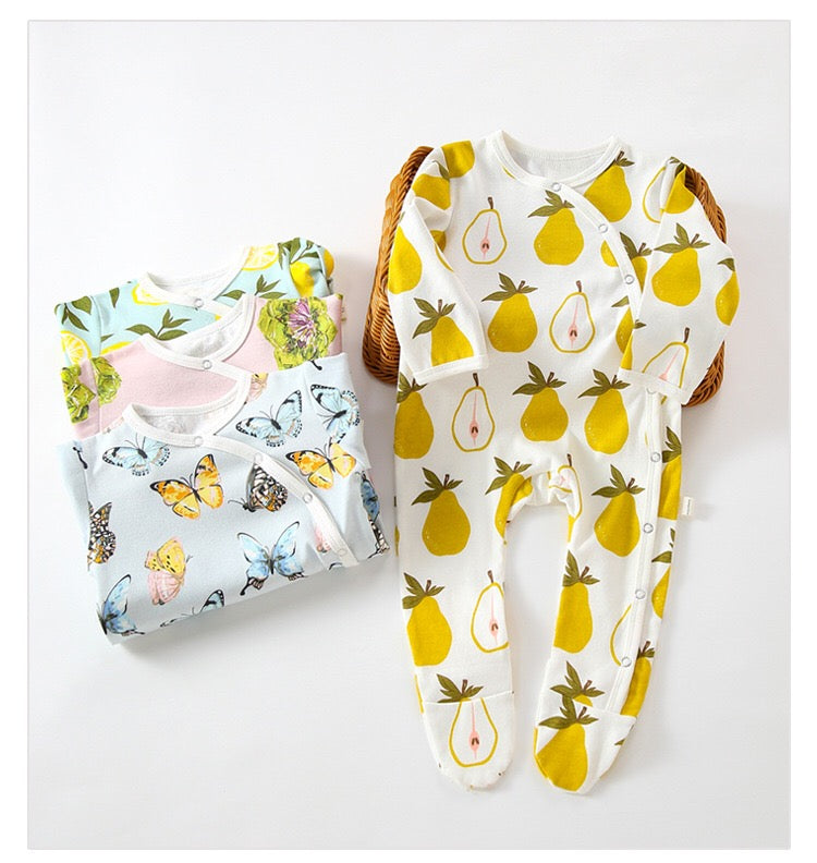 Baby Fruit Graphic Side Full Button Design Long Sleeves Covered Romper