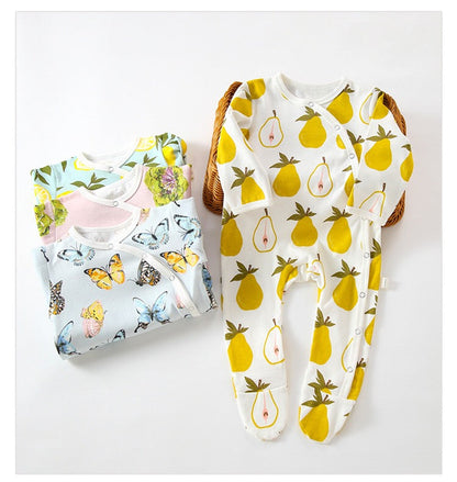 Baby Fruit Graphic Side Full Button Design Long Sleeves Covered Romper