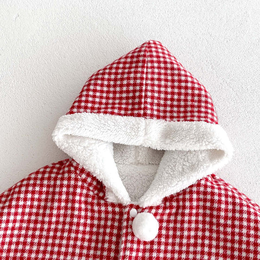 Christmas Baby Girl Red Grid Thick Warm Long Sleeves Winter Cloak