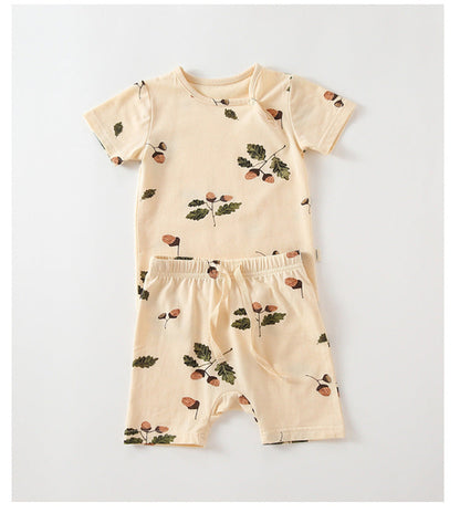 Baby Printed Pattern Round Collar With Button Short-Sleeved Top Combo