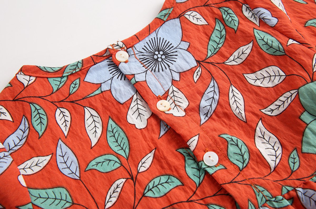 Baby Girl Floral Print Round Collar Long-Sleeved Cotton Onesies