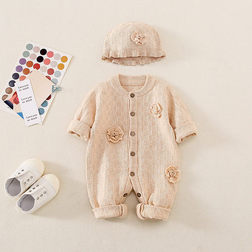 Baby Solid Color Flower Patched Design Thermal Romper
