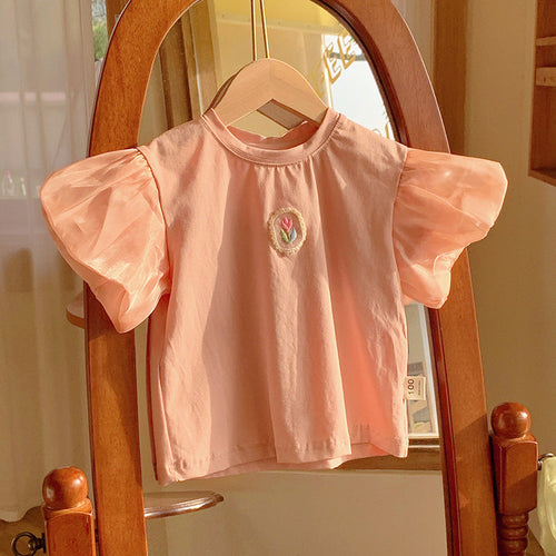 Summer New Design Girls Crew Neck Short Lantern Sleeves Little Flower