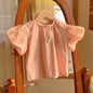 Summer New Design Girls Crew Neck Short Lantern Sleeves Little Flower