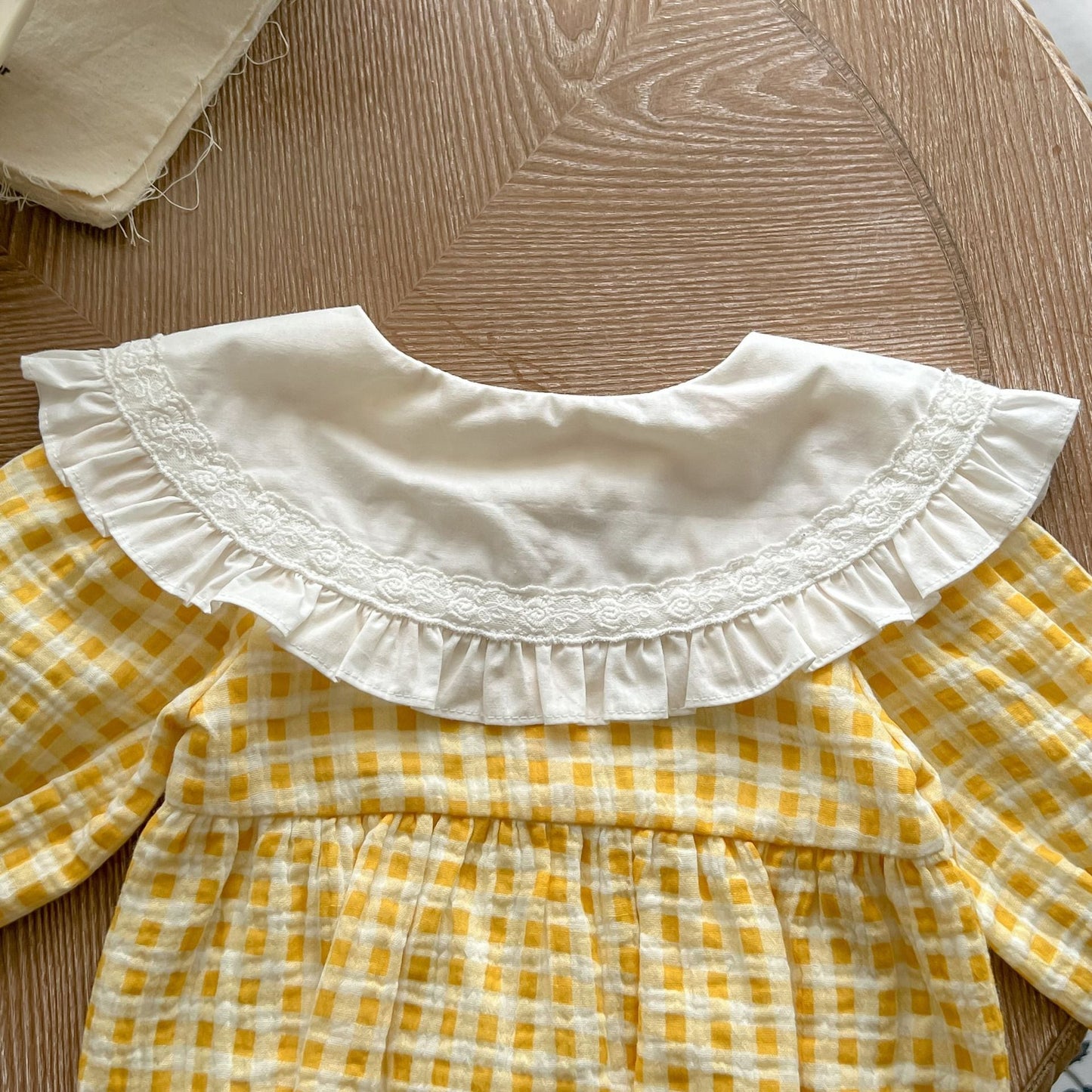 Baby Girl Yellow Plaid Pattern Ruffle Lapel Design Bodysuit