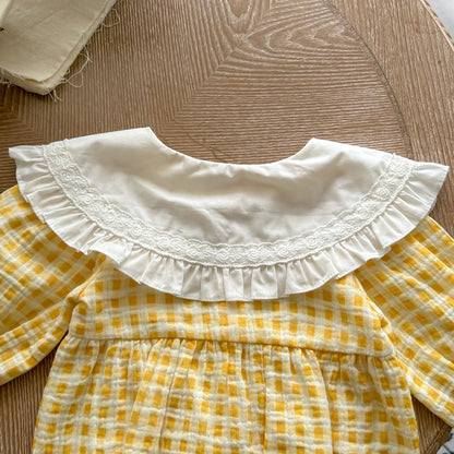 Baby Girl Yellow Plaid Pattern Ruffle Lapel Design Bodysuit