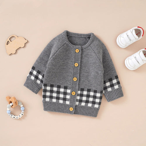 Baby Plaid Pattern Single Breasted Deisgn Knitted Cardigan