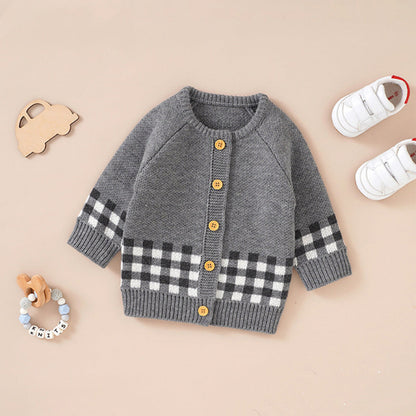 Baby Plaid Pattern Single Breasted Deisgn Knitted Cardigan