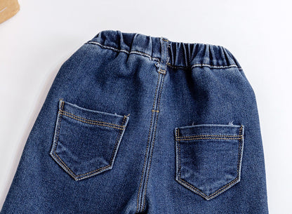Baby Girl Embroidered Pattern Thickened Fleece Denim Pants