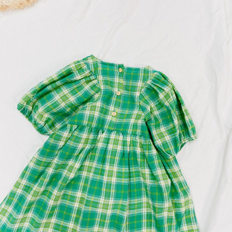 Baby Girls Plaid Pattern Pull-Sleeved Design O-Neck Long Dress In