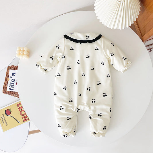 Baby Girl CHerry Pattern Mesh Patched Design Thermal Romper