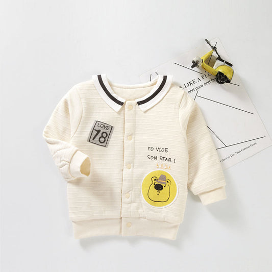 Baby Cartoon Bear Pattern Lapel Design Quilted Warm Coat
