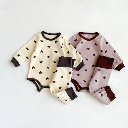 Baby Print Pattern Crewneck Long Sleeve Tops With Pants Sets