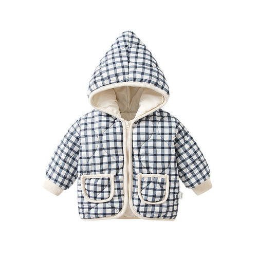 Baby Girl Plaid Pattern Zipper Front Design Thickened Jacket In Winter