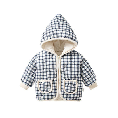 Baby Girl Plaid Pattern Zipper Front Design Thickened Jacket In Winter