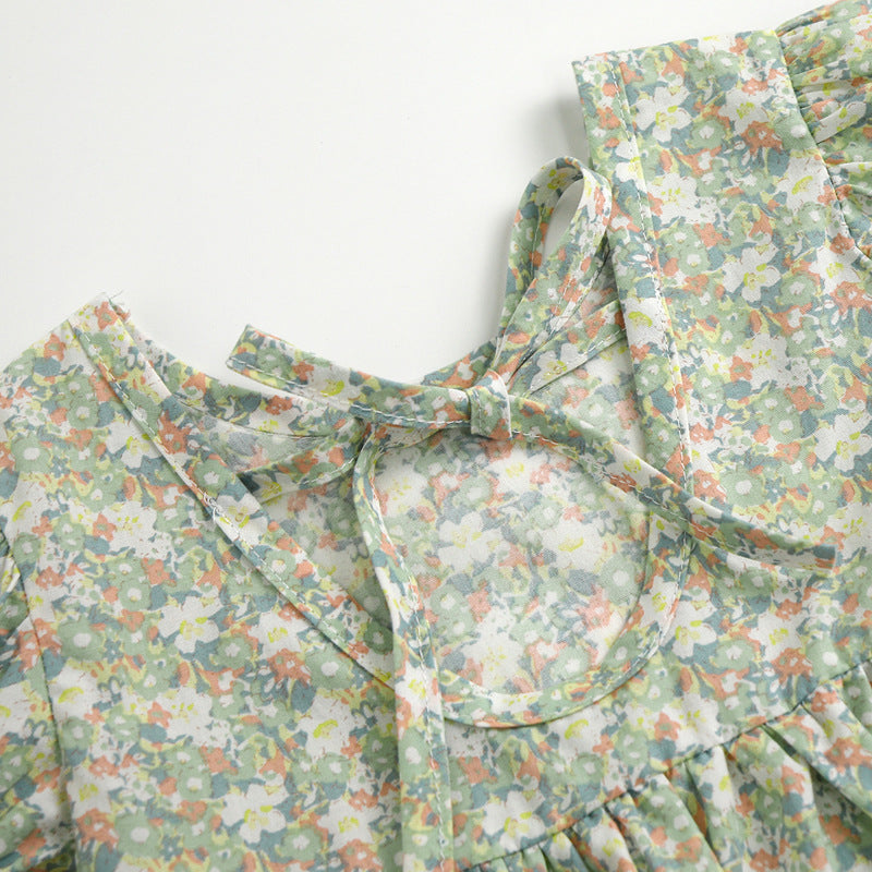 Baby Girls Floral Print Pattern Round Collar Puff Sleeves Onesies In
