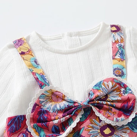 Baby Girl Floral Pattern Bow Decoration O-Neck Long Sleeves Strap
