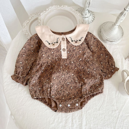 Baby Girl Floral Pattern Doll Neck Vintage Style Bodysuit