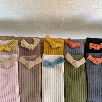 Baby Girl Solid Color Bow Patched Design Mid Tube Autumn Socks