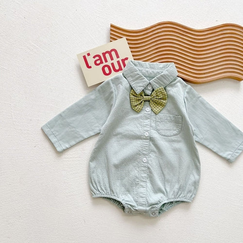 Baby Boy Solid Color & Bear Print Shirt Single Breasted Design