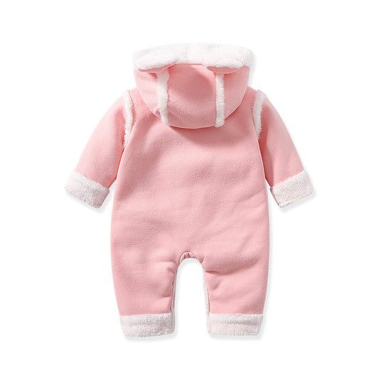 Baby Cute Long Sleeve Design Solid Color Thicken Warm Rompers With Hat