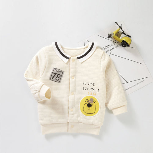 Baby Cartoon Bear Pattern Lapel Design Quilted Warm Coat