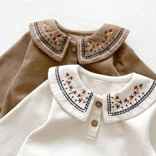 Baby Girl Embroidered Collar Long-Sleeved Corduroy Onesie