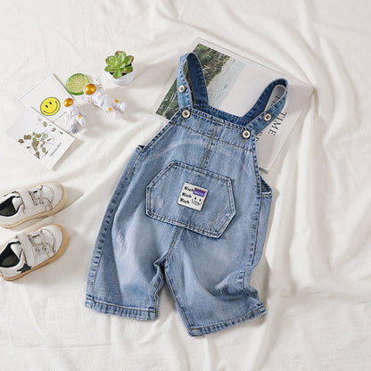 Baby Boy Embroidered Print Washed Blue Denim Short Overalls With