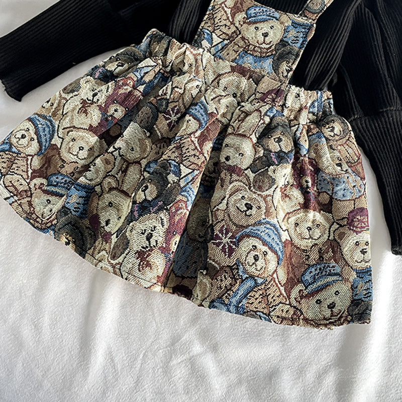 Baby Girls Solid Top Combo Cartoon Pattern Overalls Dress In Sets