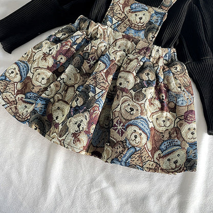 Baby Girls Solid Top Combo Cartoon Pattern Overalls Dress In Sets