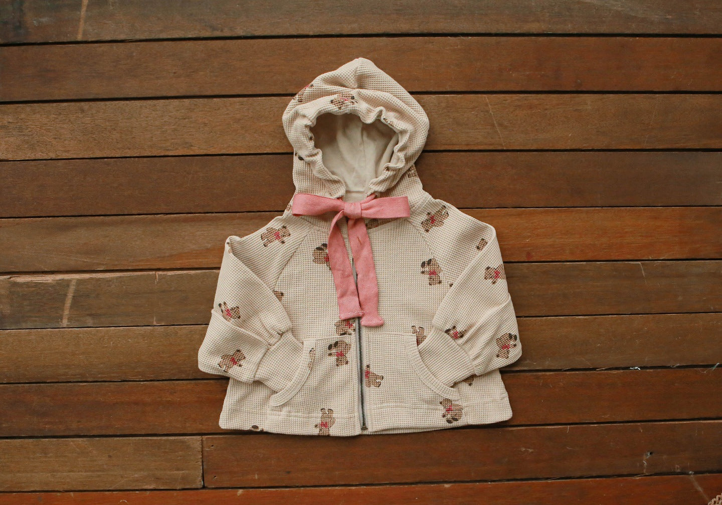 Baby Girl Waffle Knit Fabric Bear Pattern Zipper Jacket Coat